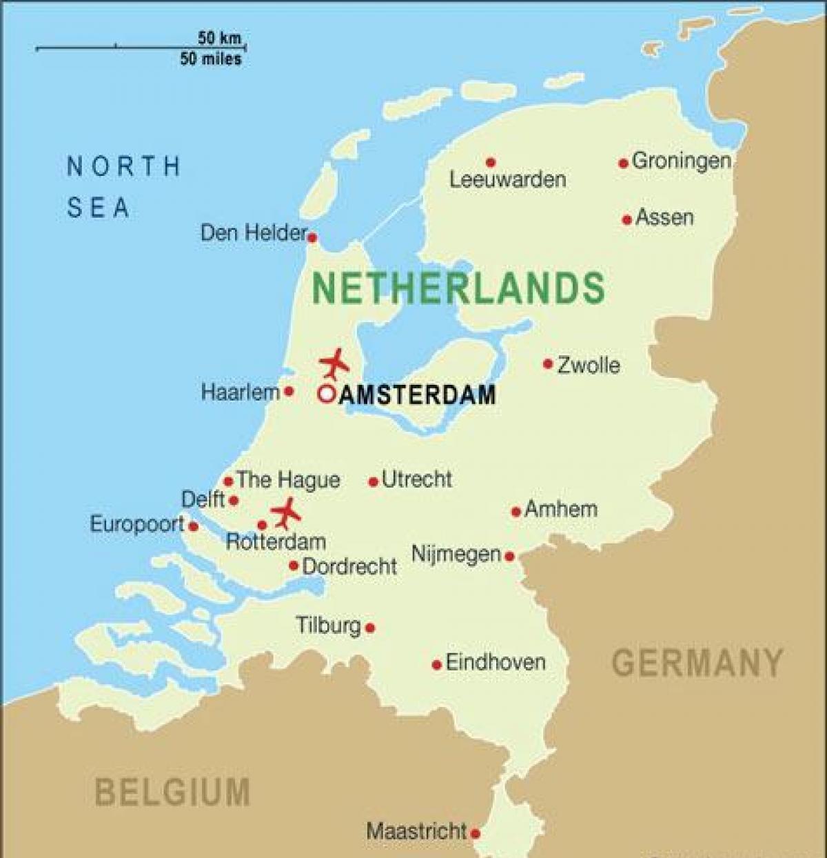 Mapa portów lotniczych w Holandii